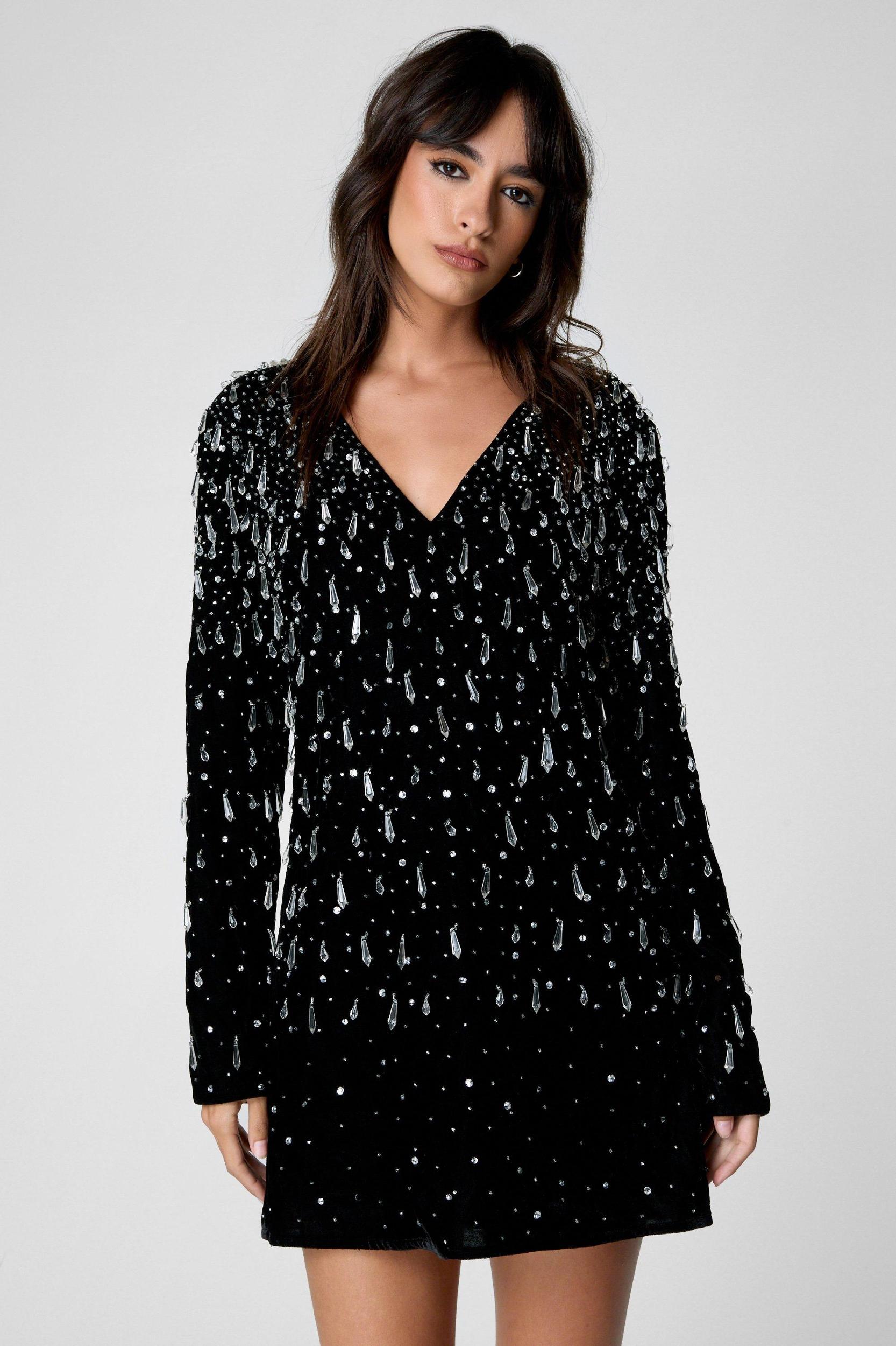 Tear Drop Embellished Velvet Plunge Dress Product Image