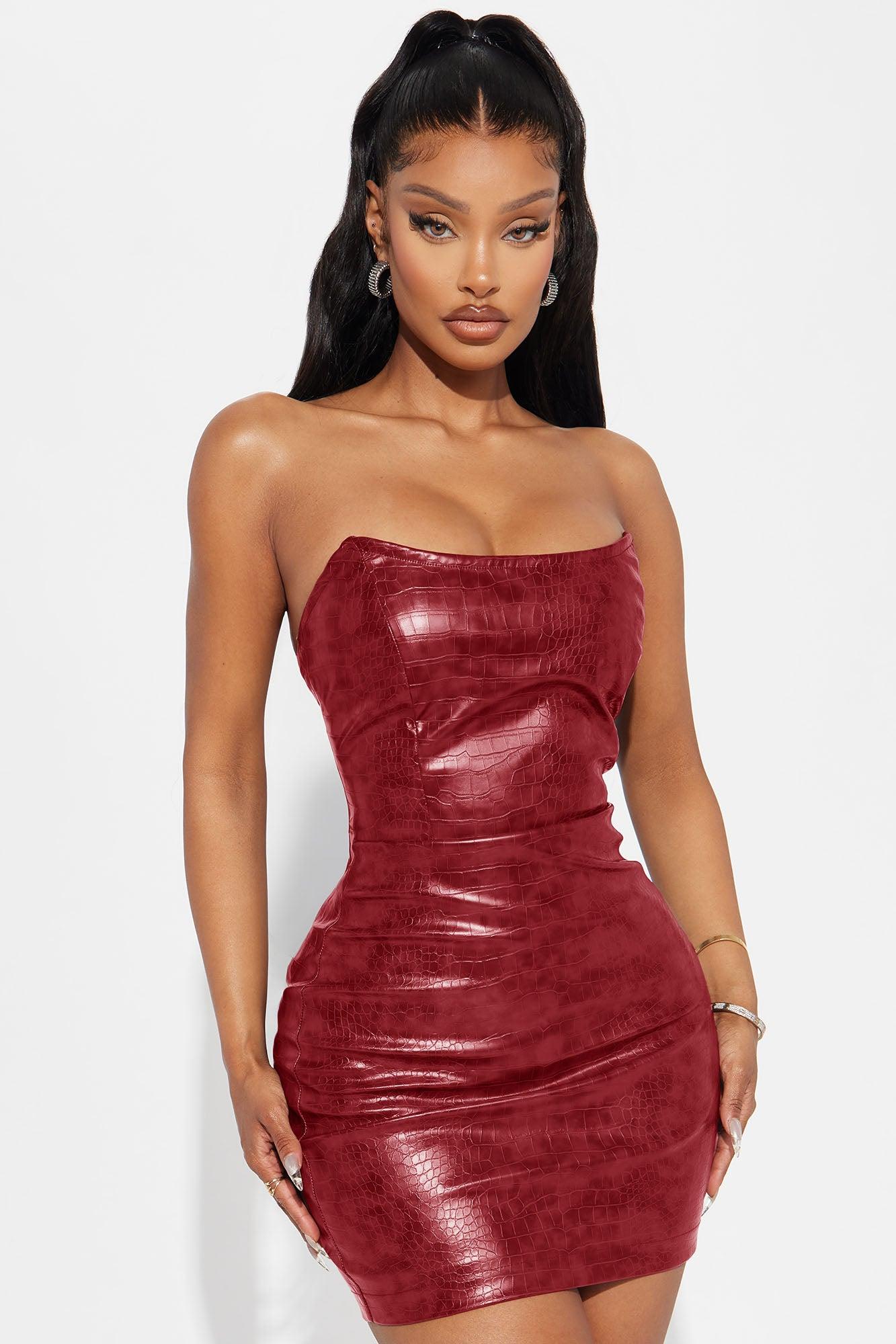 Hit The Gas Faux Leather Trench and Mini Dress Set - Wine Female Product Image