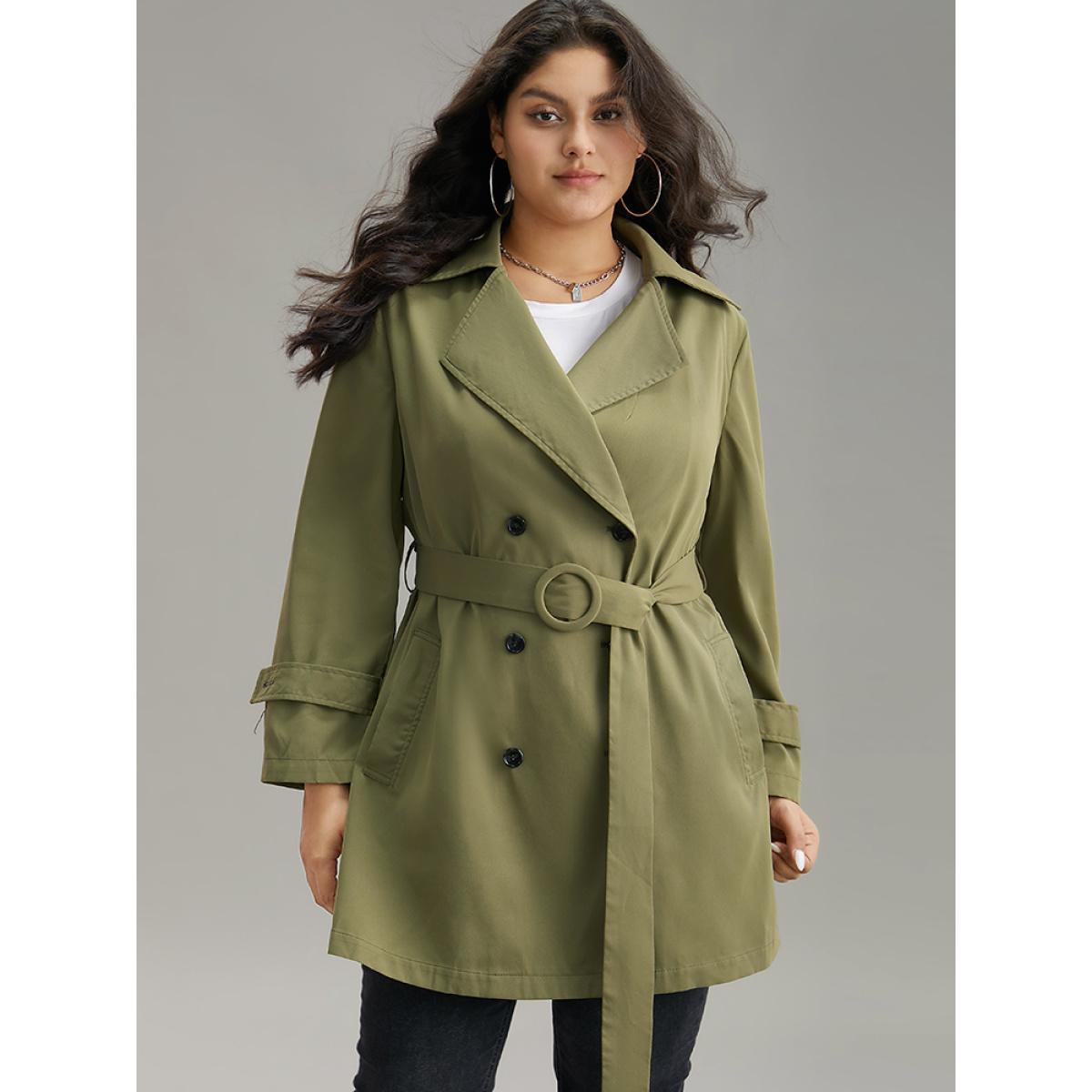 Plus Size Plain Double Breasted Belted Pocket Windbreaker Women ArmyGreen Casual Plain Ladies Dailywear Winter Coats BloomChic 28/5X Product Image