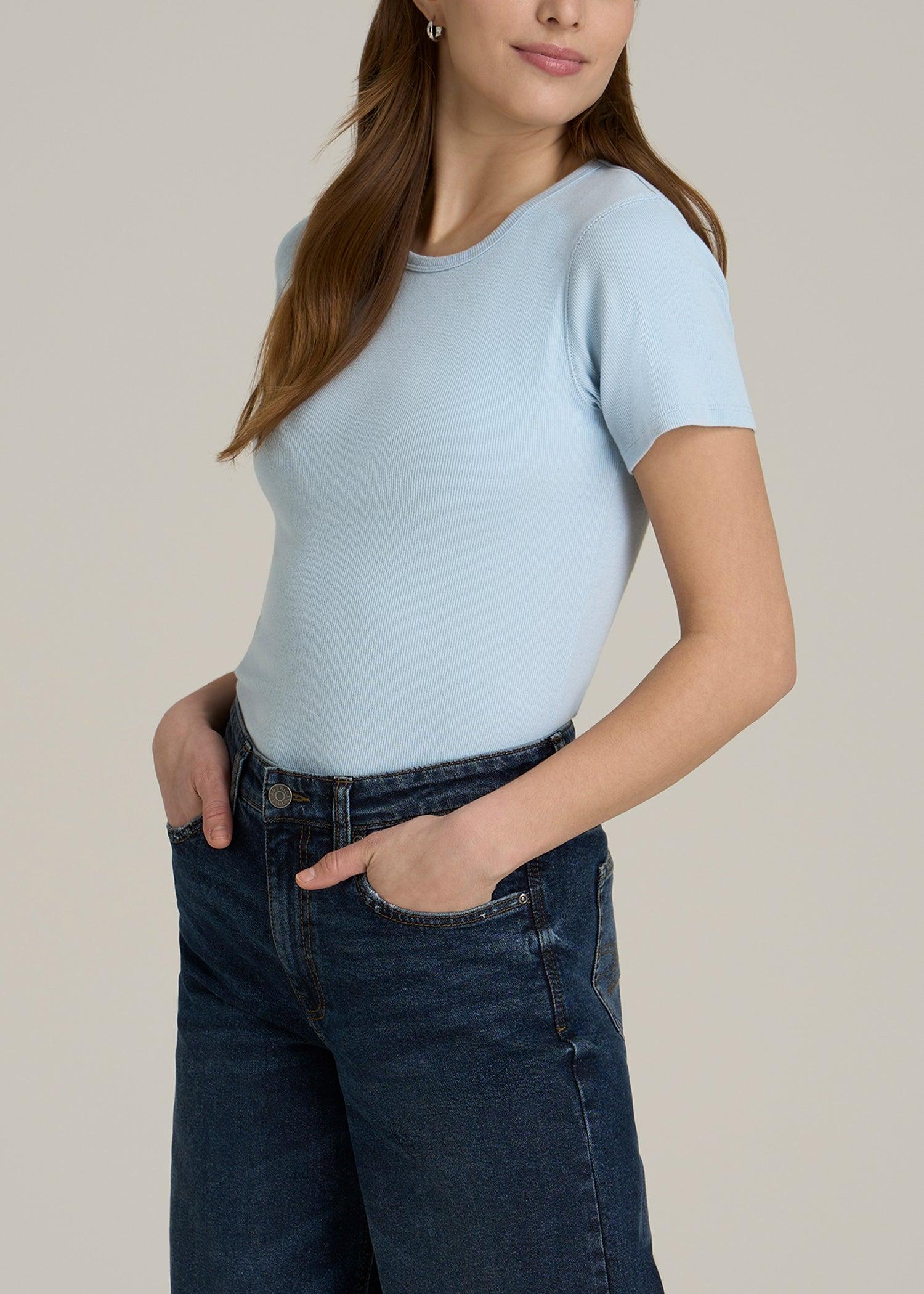 Short Sleeve Crew Neck Ribbed T-Shirt for Tall Women in Ice Blue Product Image