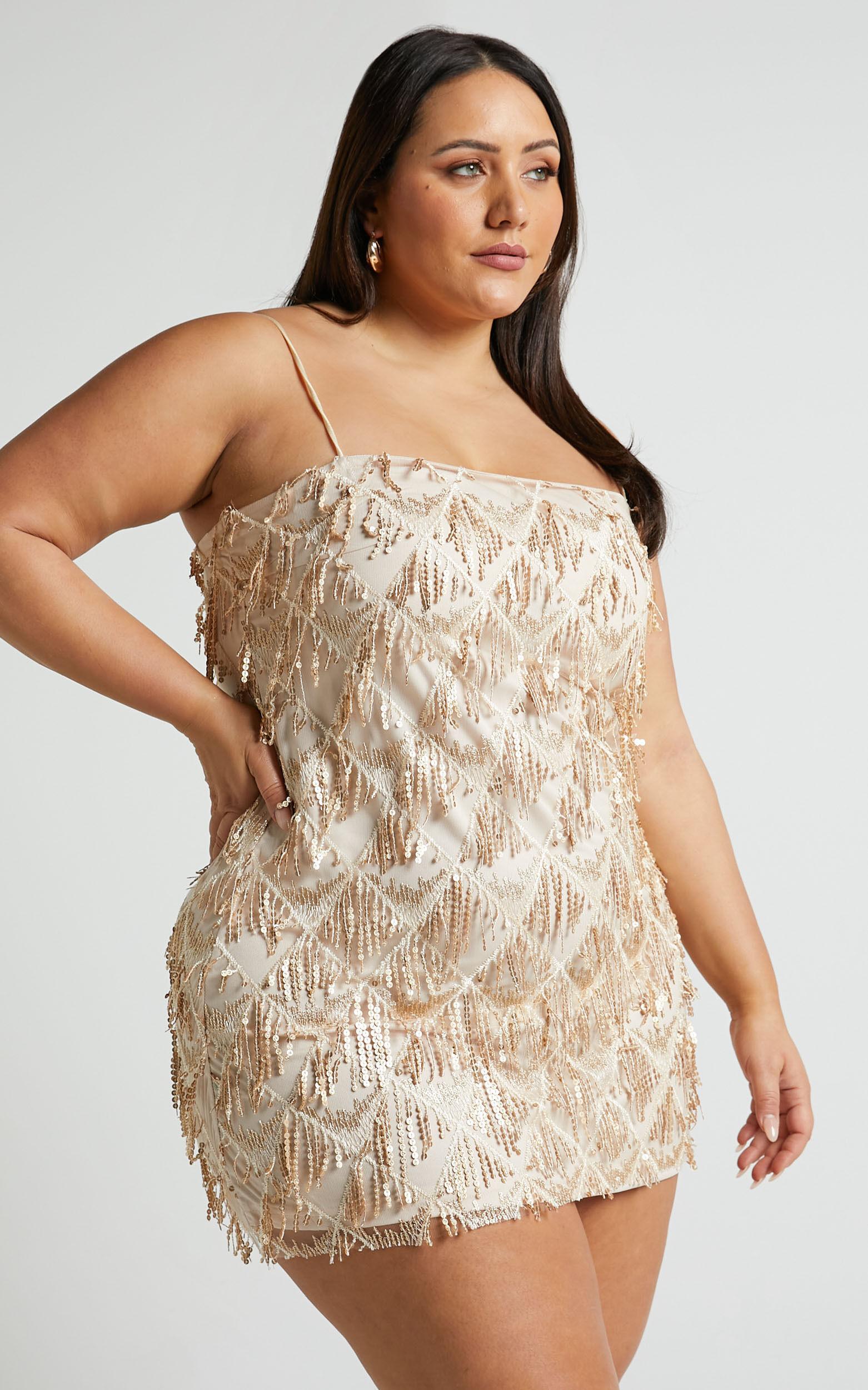 Shook Mini Dress - Cami Sequin Fringe Dress in Champagne Sequin Product Image