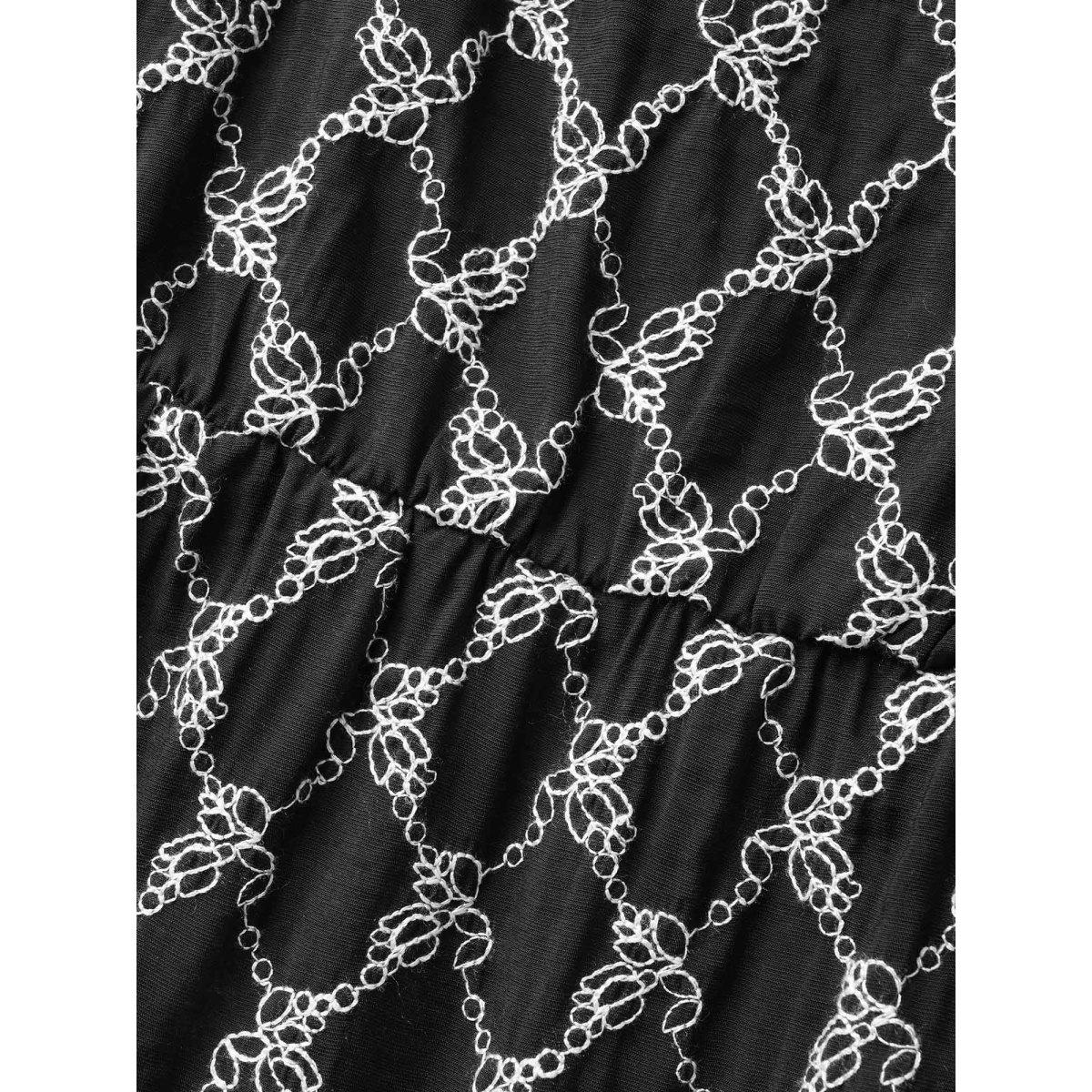 Plus Size Black Embroidered Heart Neckline Lantern Sleeve Blouse Women Casual Short sleeve Heart neckline Everyday Blouses BloomChic 18-20/2X Product Image