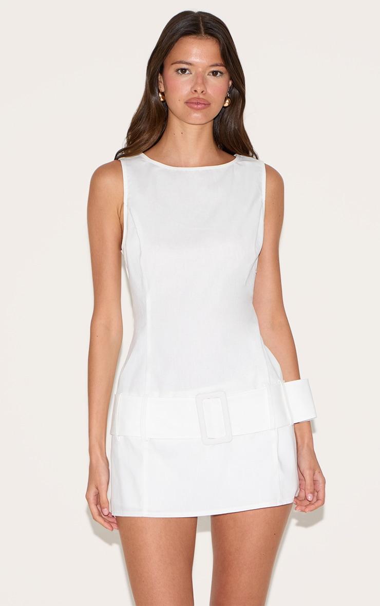 White Drop Waist Belt Detail A Line Skort Romper Product Image