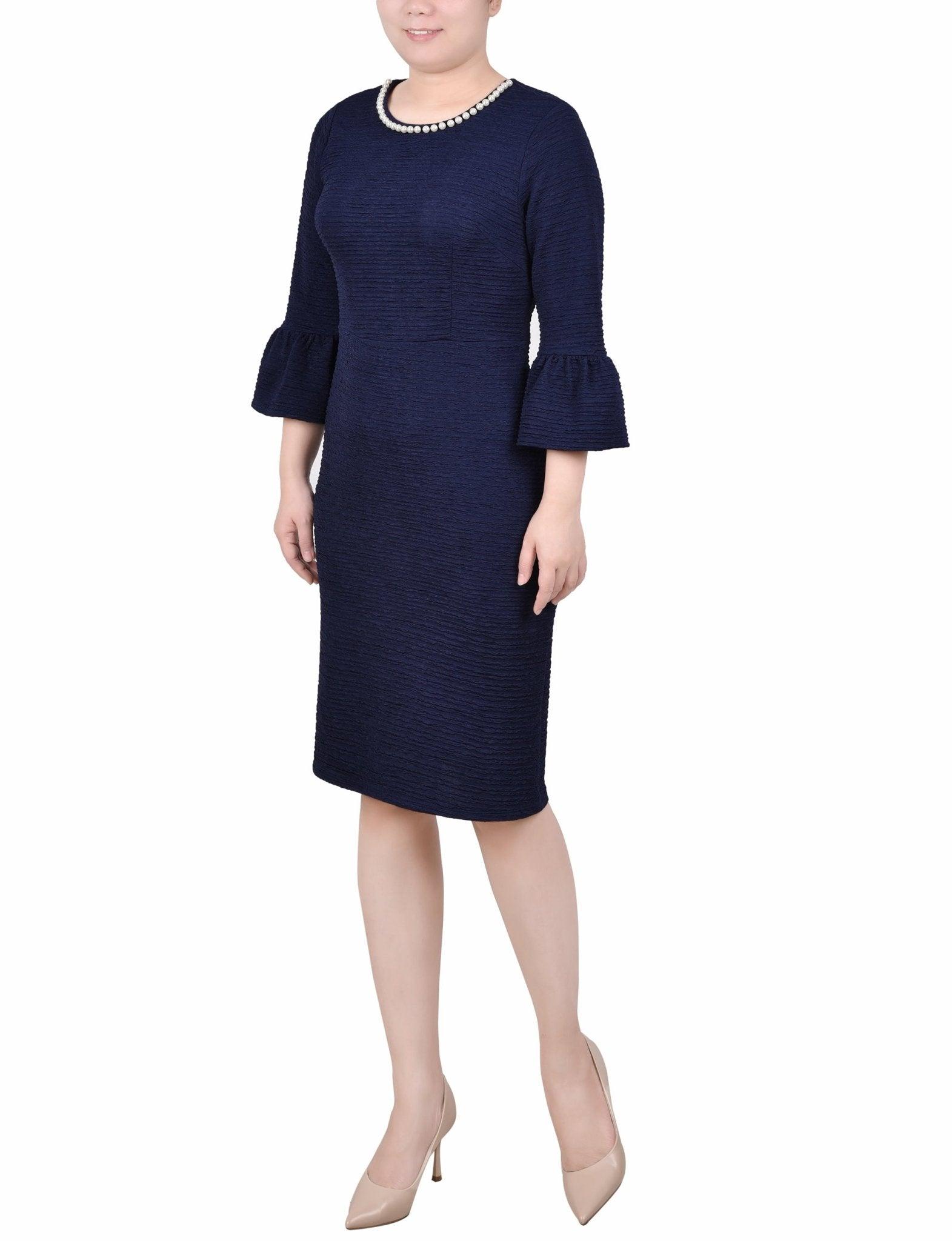 Navy 3/4 Length Pearl Detail Dress Product Image