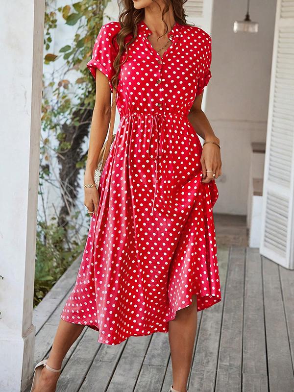 A-Line High Waisted Buttoned Drawstring Polka-Dot V-Neck Midi Dresses Product Image
