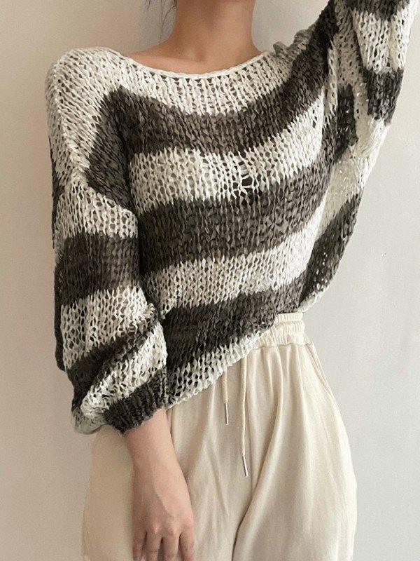 Long Sleeve Striped Crochet Knit Top Product Image