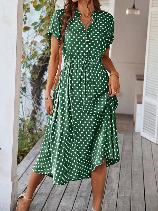 A-Line High Waisted Buttoned Drawstring Polka-Dot V-Neck Midi Dresses Product Image