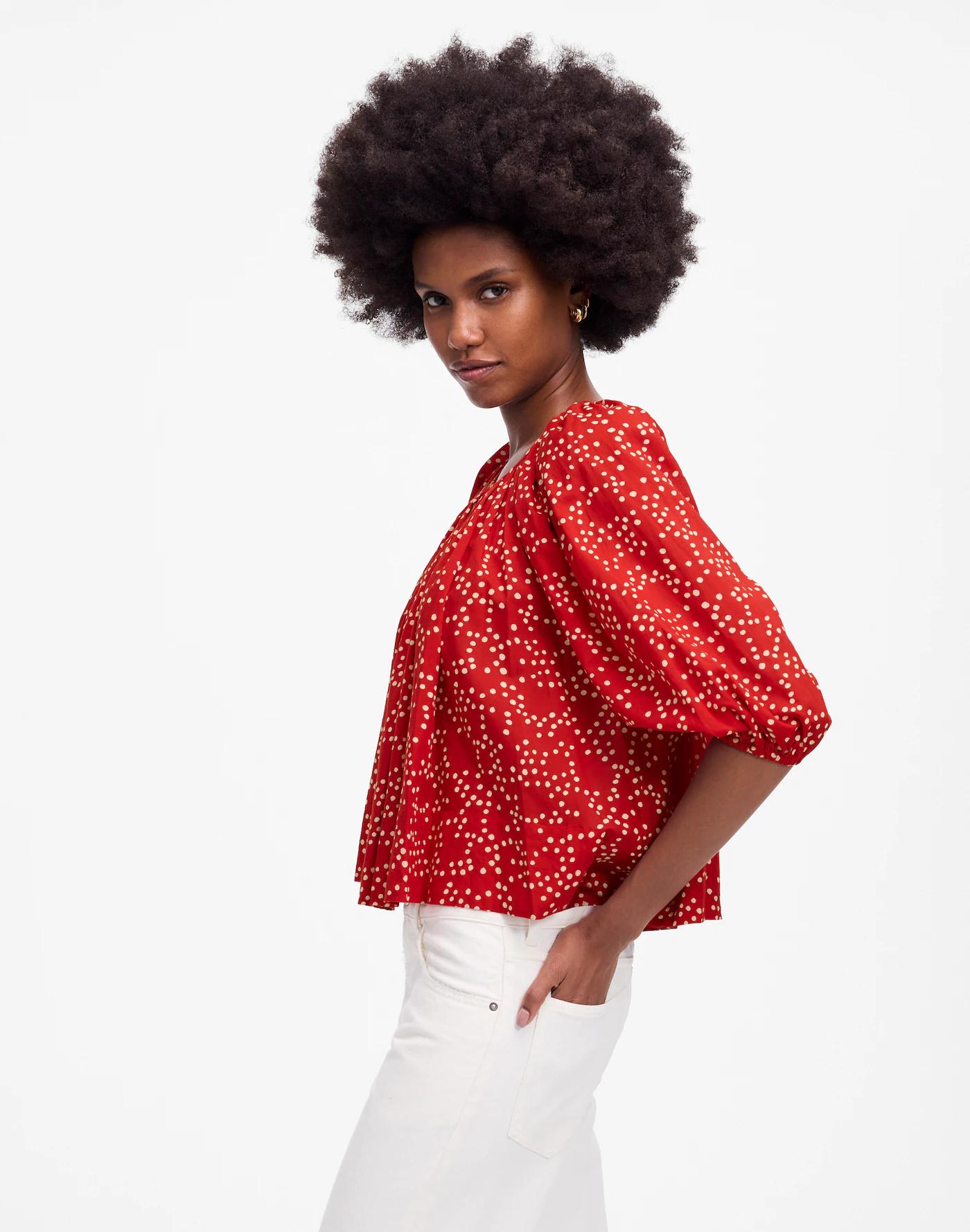Shirred Puff-Sleeve Top in Dot Product Image