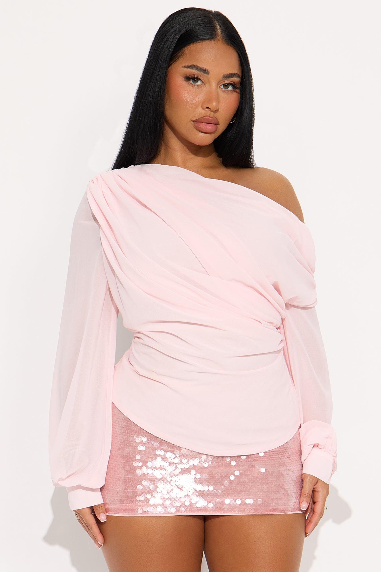 Sneak Peek One Shoulder Chiffon Blouse - Blush Female Product Image