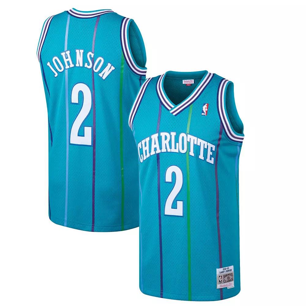 Men's Mitchell & Ness Larry Johnson Teal Charlotte Hornets Hardwood Classics Swingman Jersey,  Product Image