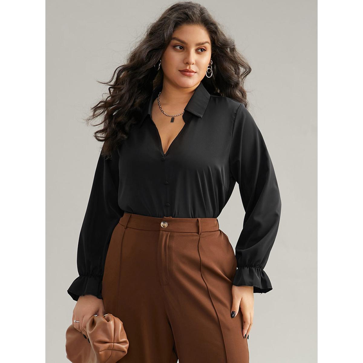 Plus Size Black Static-Free Solid Button Detail Frill Trim Blouse Women Office Long Sleeve Shirt collar Office Blouses BloomChic 10/M Product Image