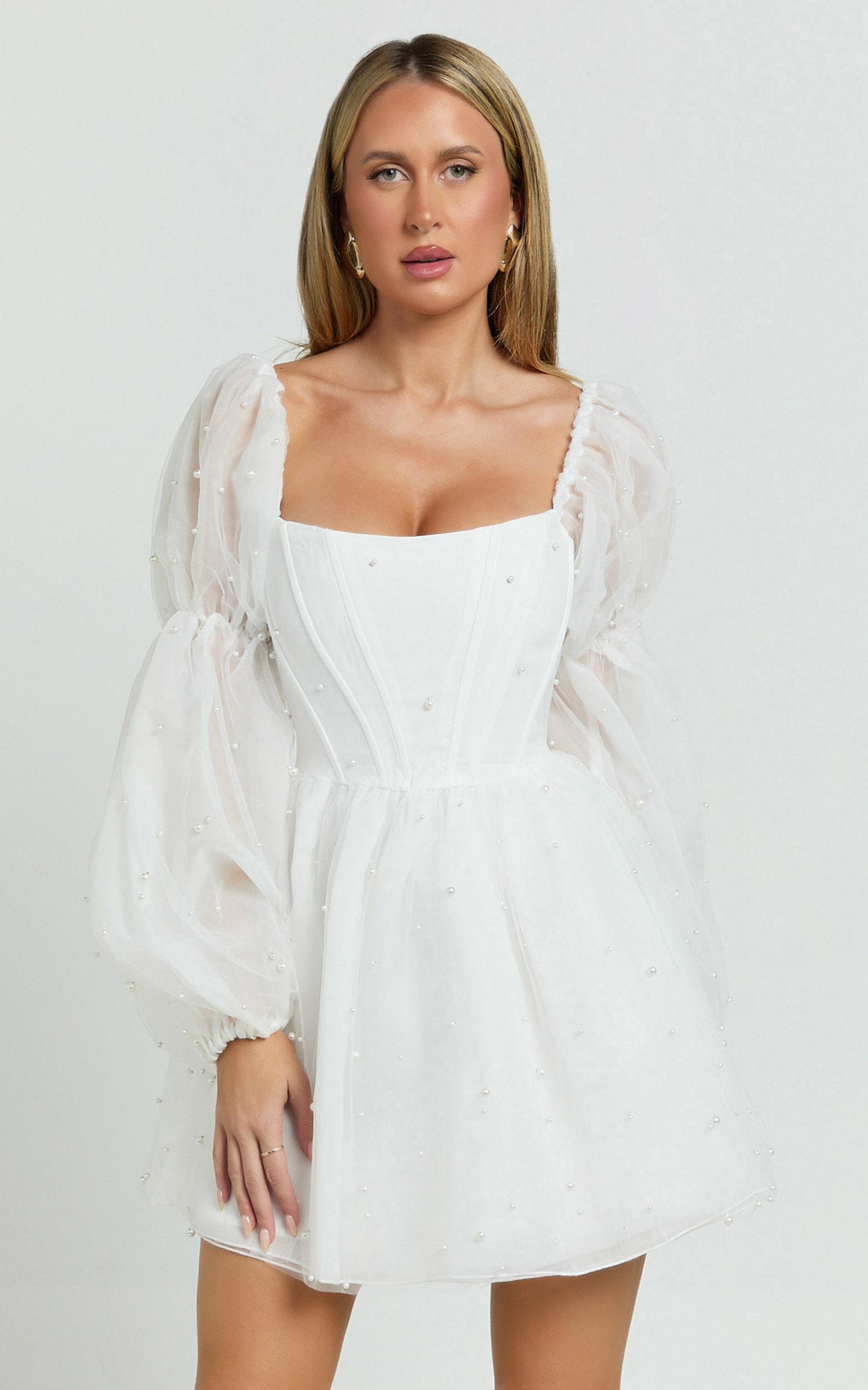 Ingrid Mini Dress - Long Puff Sleeve Pearl Detail Dress in White Product Image
