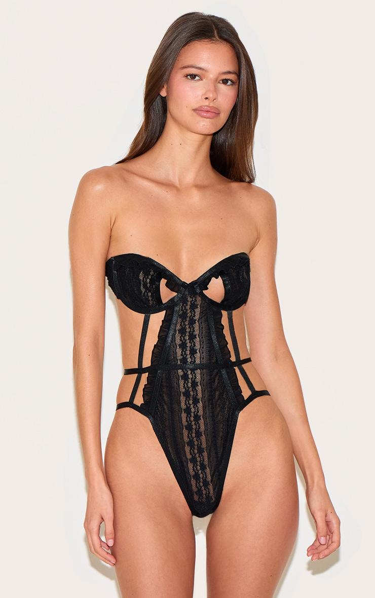 Black Textured Lace Cut Out Bandeau Bodysuit Product Image