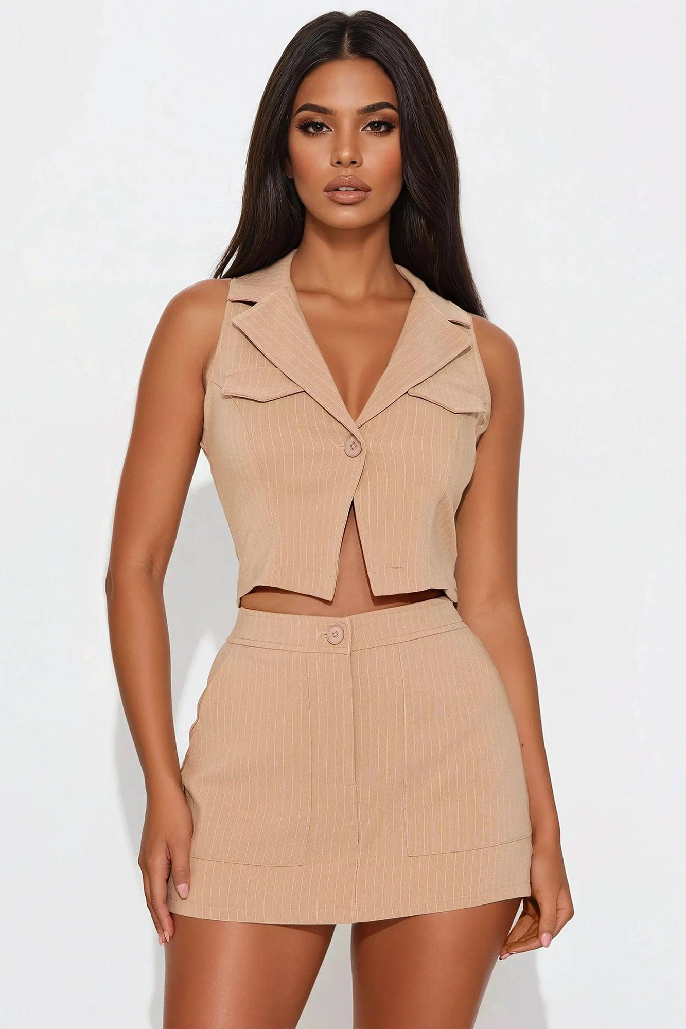 Hold My Hand Pinstripe Skort Set - Khaki Product Image