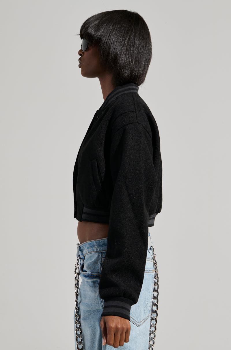 DAVIS EVERYDAY CROPPED VARSITY BOMBER IN BLACK Product Image