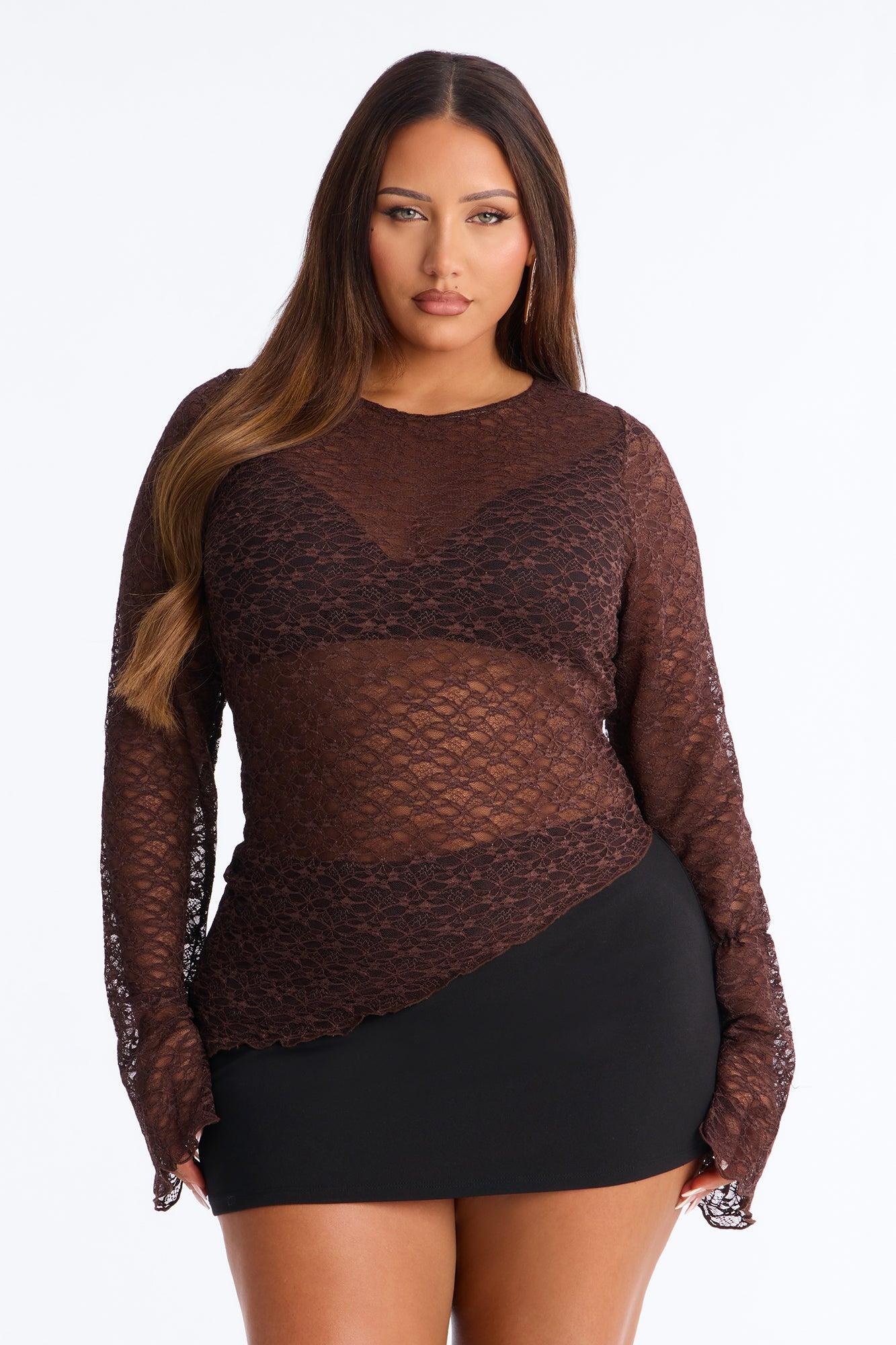 Elysia Lace Long Sleeve Asymmetrical Top - Chocolate Female Product Image