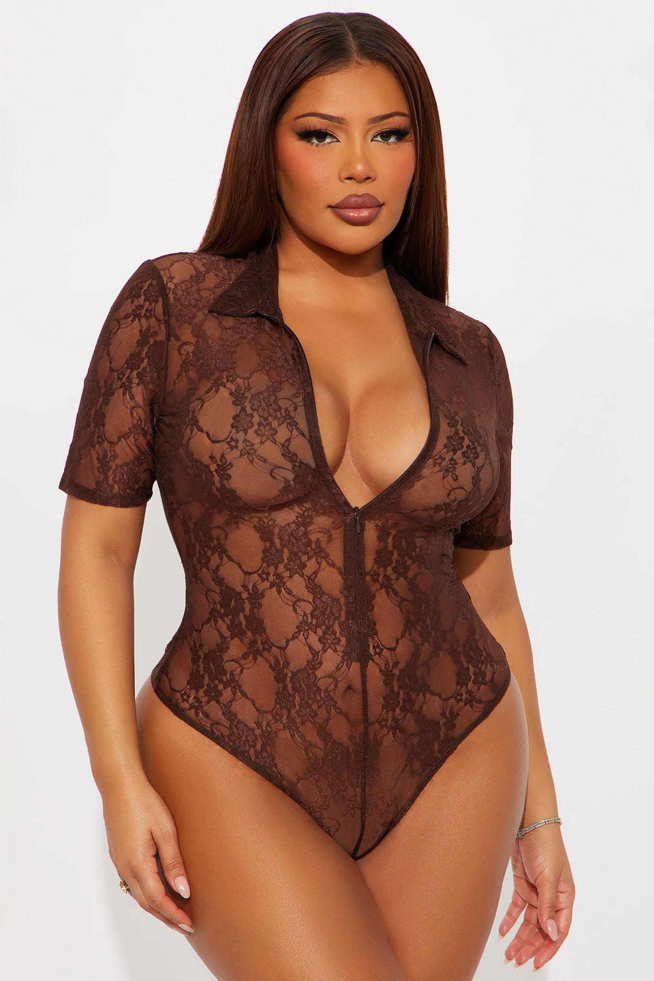 Timea Short Sleeve Lace Bodysuit - Brown Female Product Image