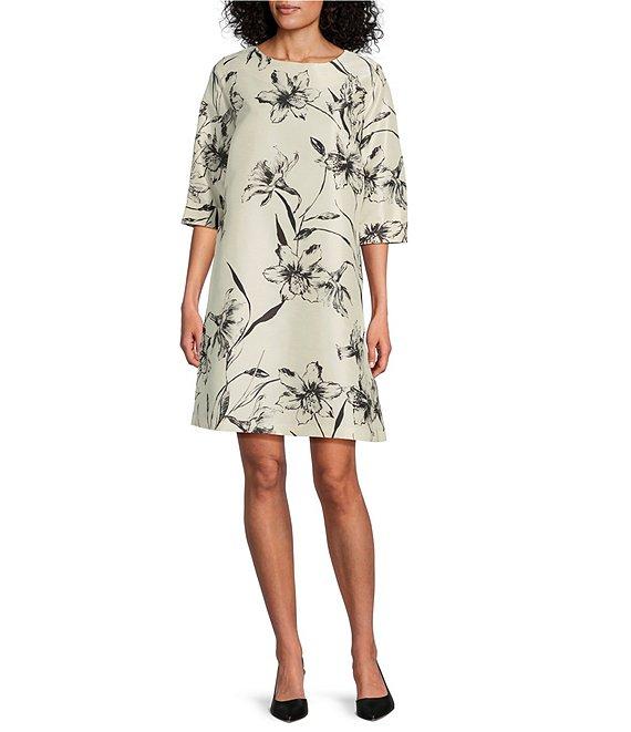 Caroline Rose Garden Glamour Floral Print Round Neck 3/4 Sleeve A-Line Dress Product Image