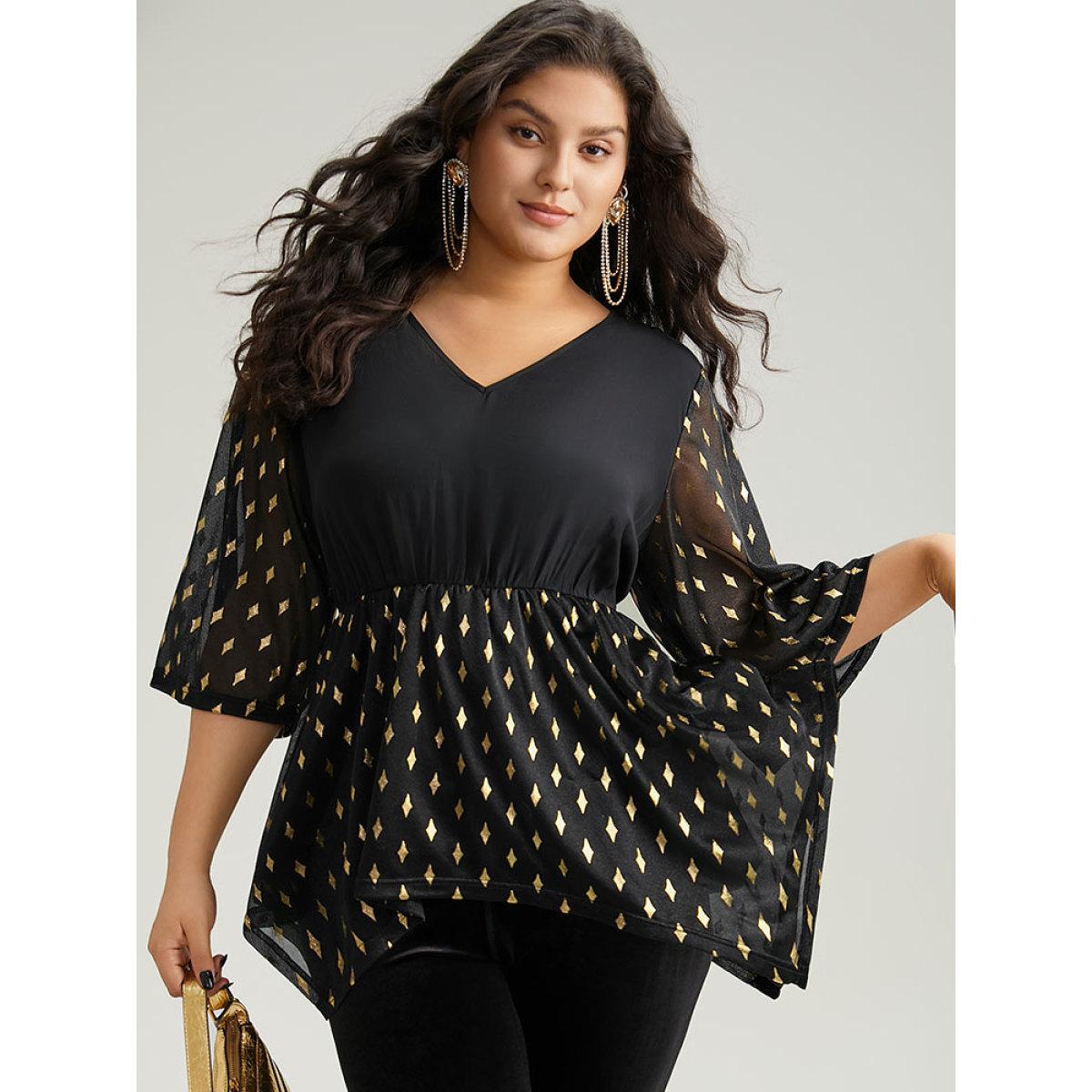 Plus Size Black Glitter Patchwork Mesh Hanky Hem Blouse Women Glamour Elbow-length sleeve V-neck Festival-Christmas Blouses BloomChic 12/L Product Image
