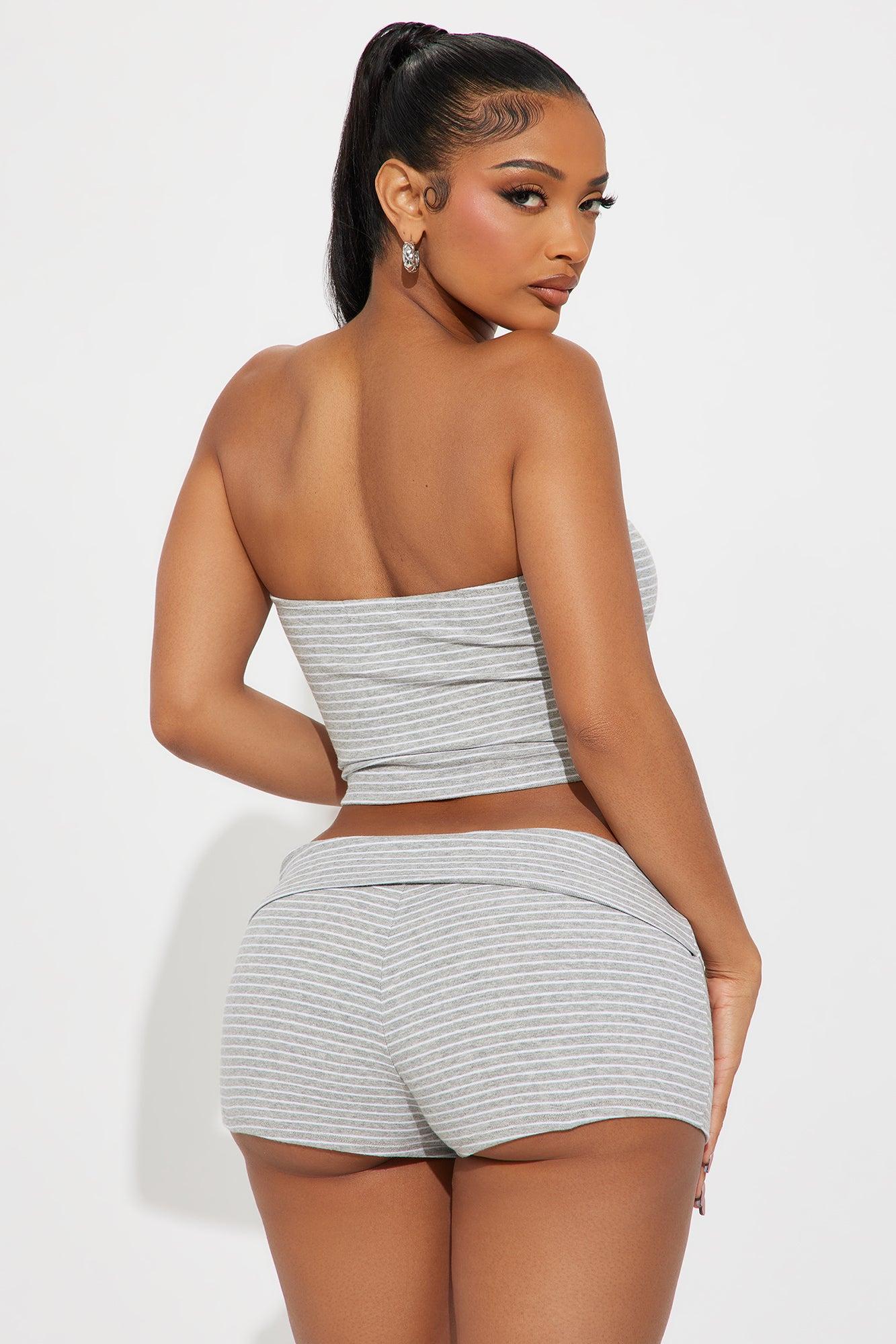 Sammie Stripe Foldover Waist Short Set - Heather Grey Product Image