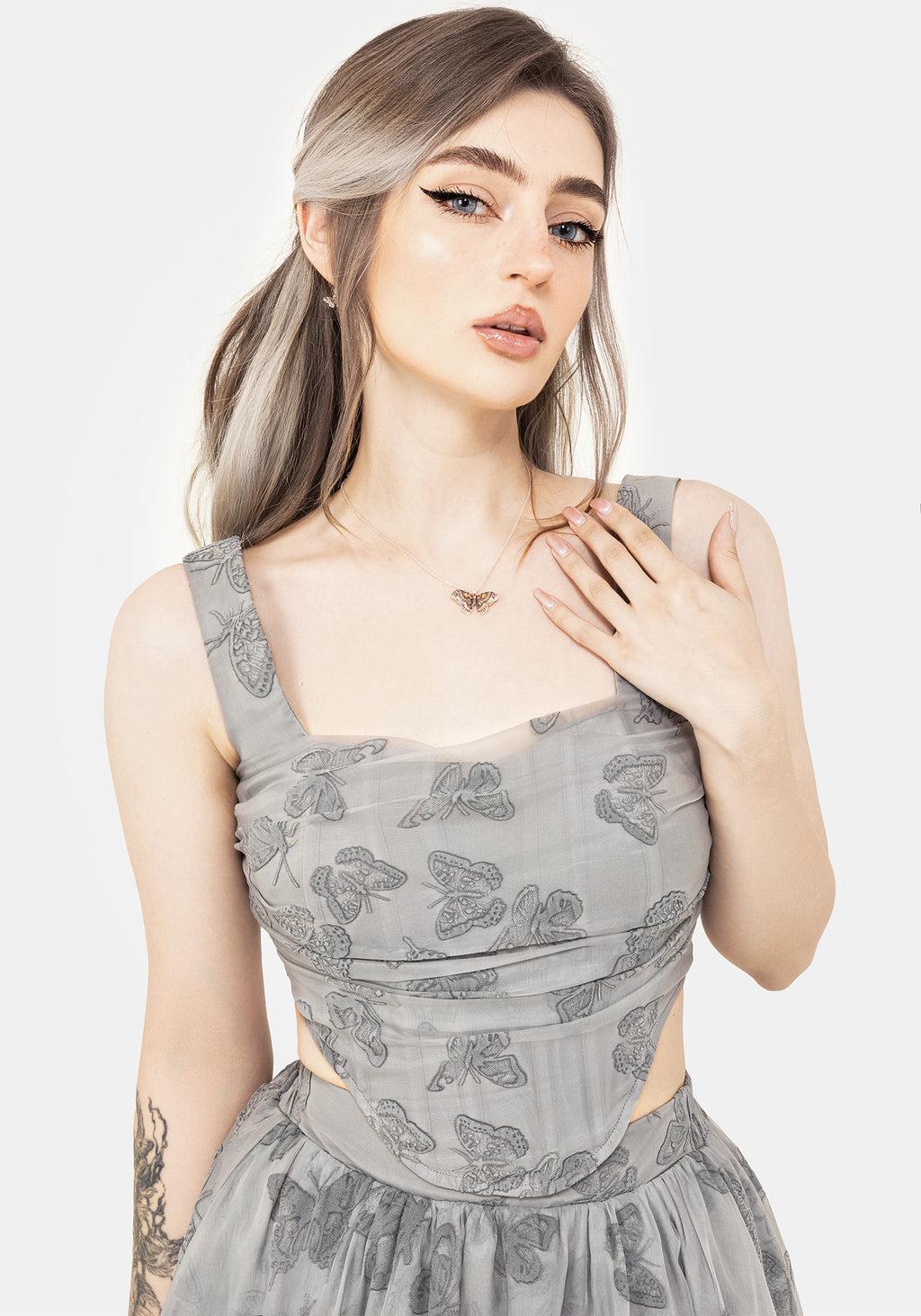 Vanessa Butterfly Print Organza Ruched Bodice Corset Top Product Image