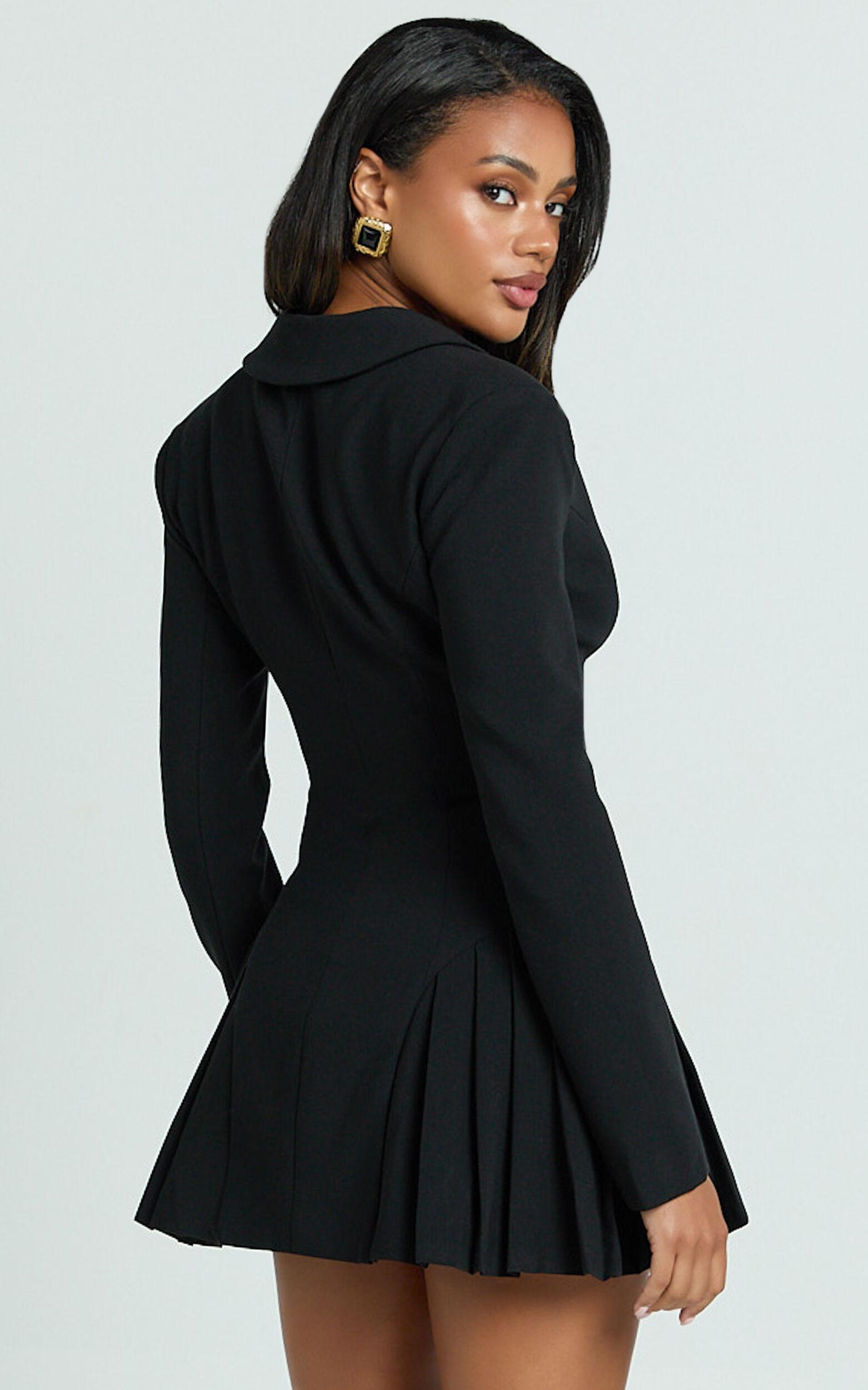 Bea Mini Dress - Collared Long Sleeve Fit And Flare Pleated Dress in Black Product Image