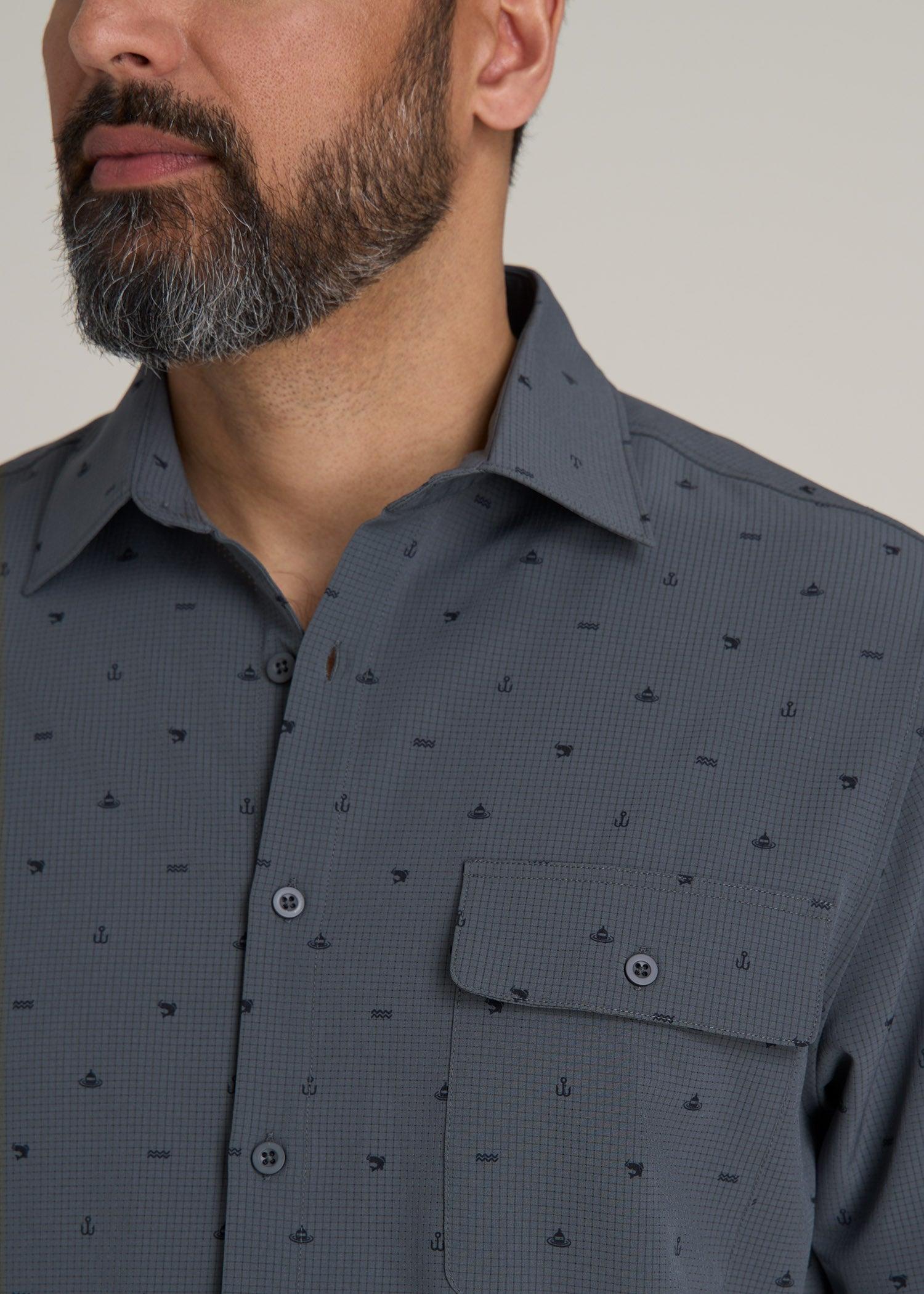 LJ&S Great Lakes Sport Shirt for Tall Men in Fishing Icon Print Male Product Image