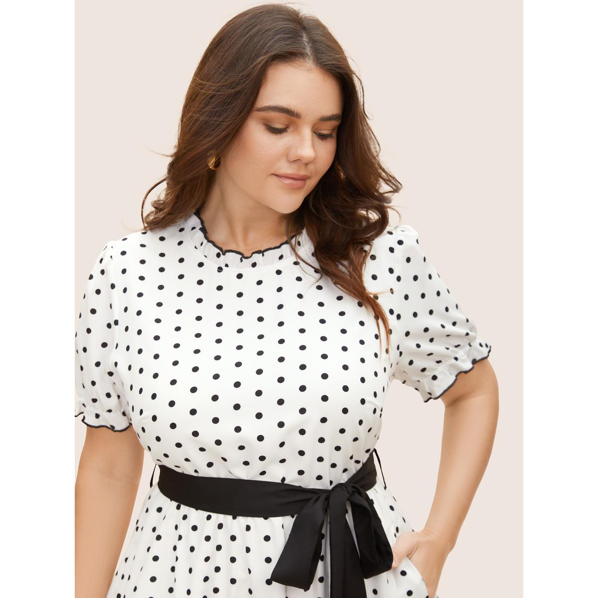 Plus Size Bow Polka Dot Midi Dress Originalwhite Women Elegant Belted Mock Neck Short sleeve Curvy BloomChic 26/4X Product Image