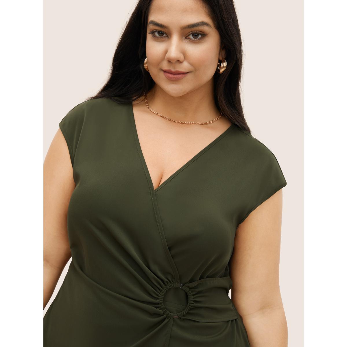 Plus Size Plain Buckle Detail Overlap Collar Cap Sleeve Dress ArmyGreen Women At the Office Overlapping Overlap Collar Cap Sleeve Curvy Midi Dress BloomChic 14-16/1X Product Image