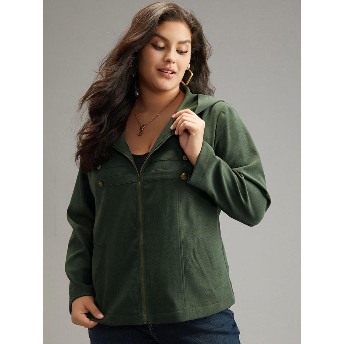 Plus Size Solid Metal Detail Hooded Zipper Jacket Women ArmyGreen Casual Plain Ladies Everyday Winter Coats BloomChic 26/4X Product Image