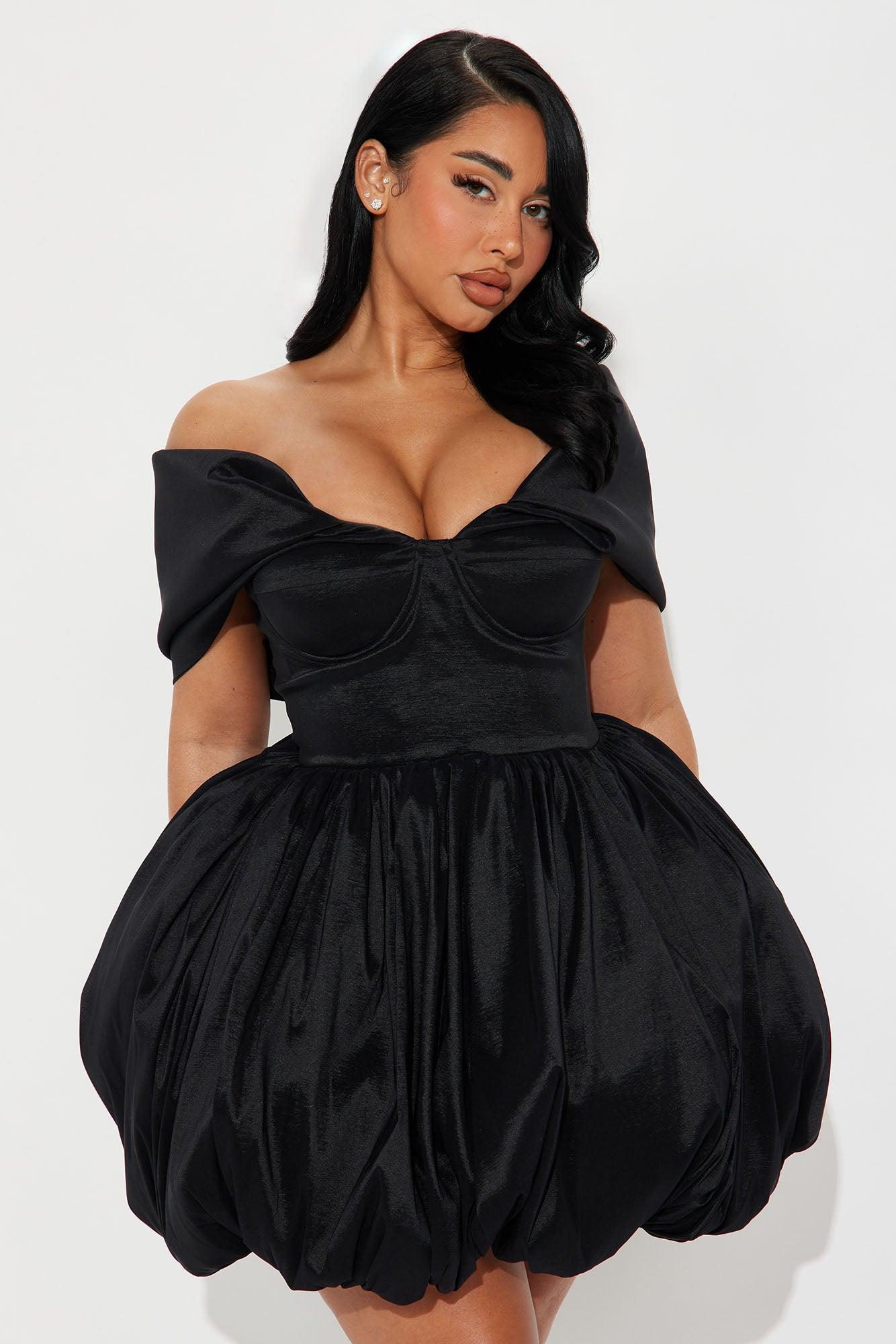 Heavenly Aura Satin Bubble Mini Dress - Black Product Image