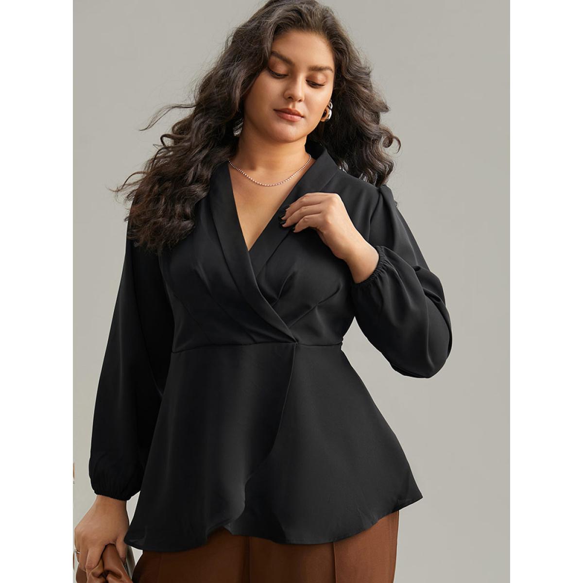 Plus Size Black Static-Free Plain Pleated Wrap Blouse Women Office Long Sleeve V-neck Dailywear Blouses BloomChic 28/5X Product Image
