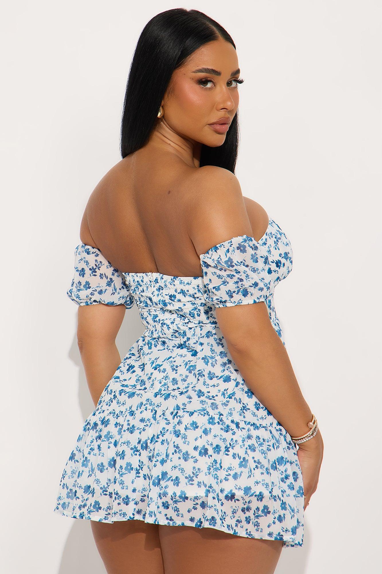 Averie Off Shoulder Floral Mini Dress - White/Blue Product Image