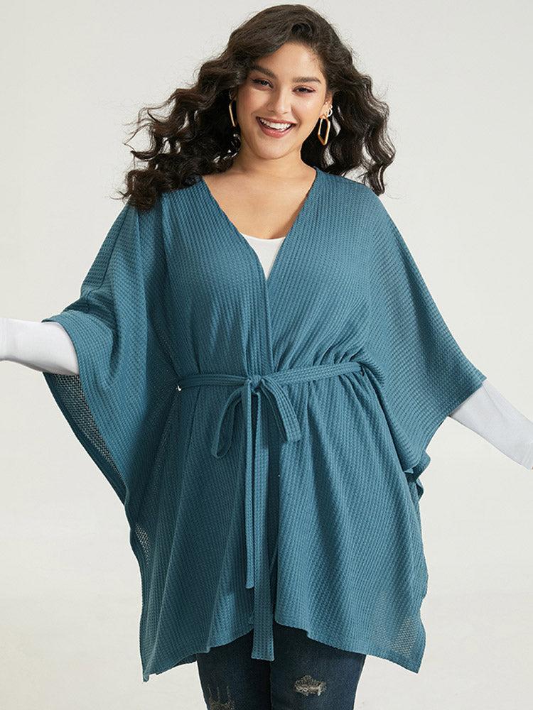 Solid Belted Dolman Sleeve Waffle Knit Coat Female Product Image