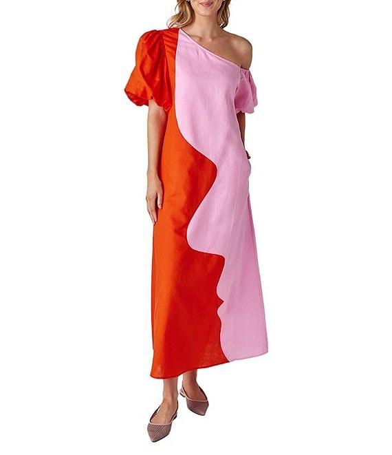 CROSBY by Mollie Burch Lovett Colorblock Asymmetrical Neckline Short Puff Sleeve Linen Maxi Dress Product Image