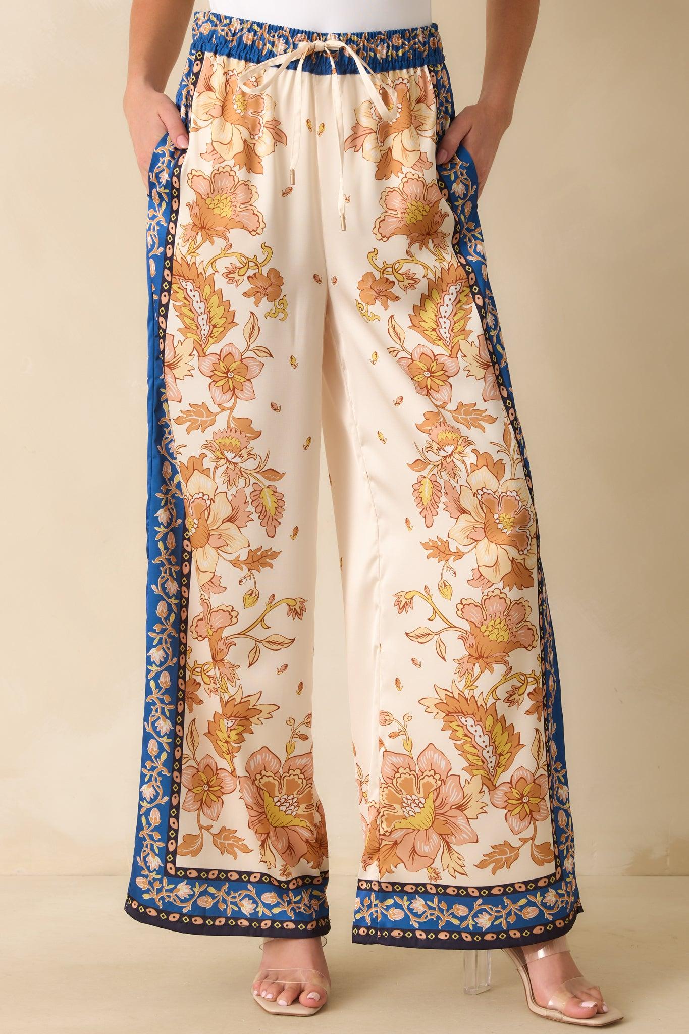 Took Her Time Ivory Multi Floral Print Satin Button Front Top Product Image