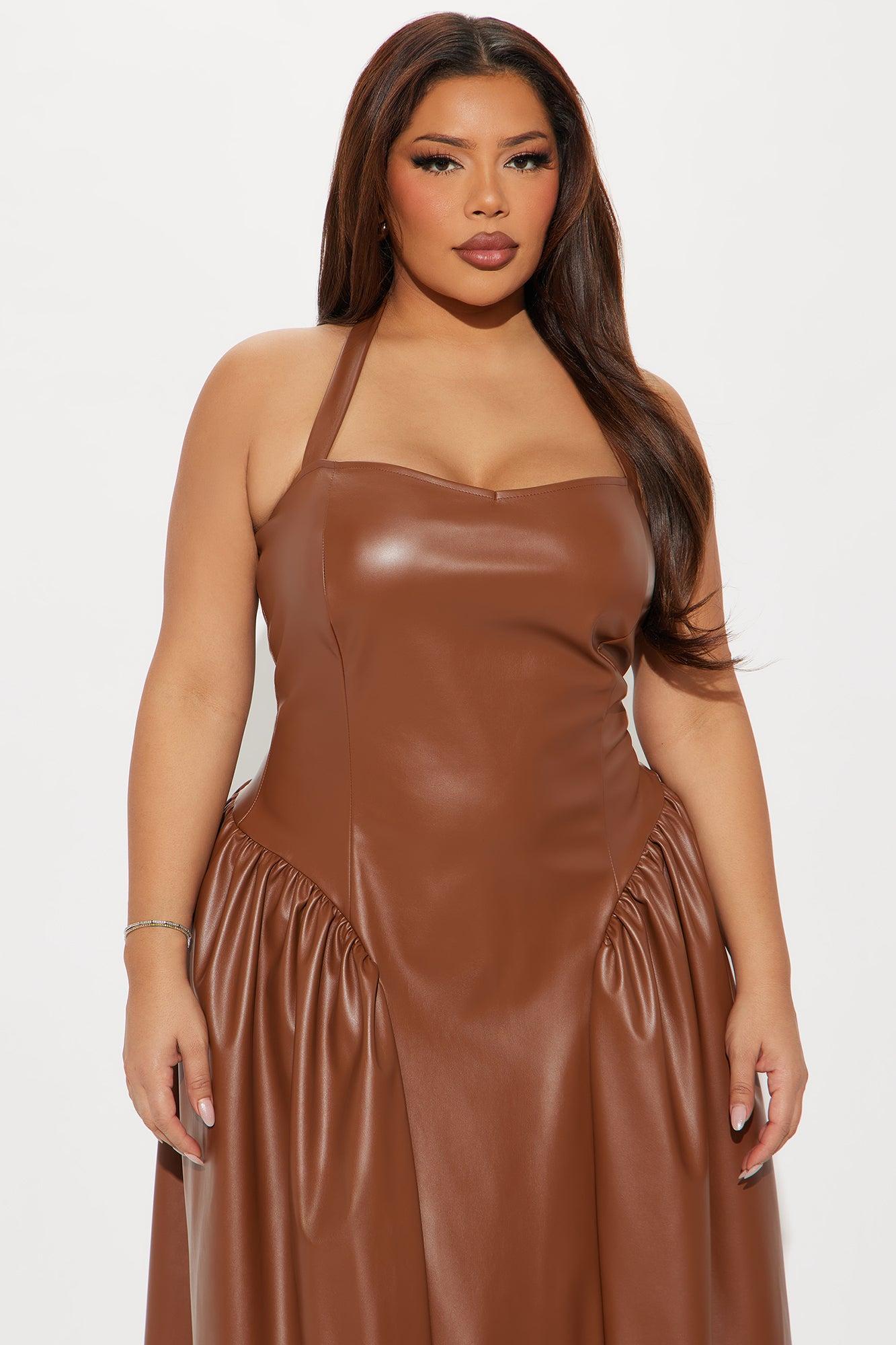 Soft Edge Faux Leather Midi Dress - Brown Product Image