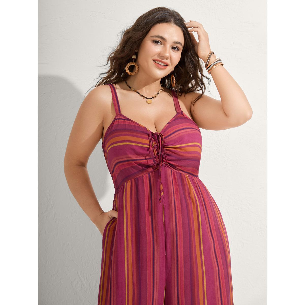 Plus Size Russet Rayon Stripe Print Stretchy Hem Cami Jumpsuit Women Boho Sleeveless V-neck Vacation Loose Jumpsuits BloomChic 18-20/2X Product Image