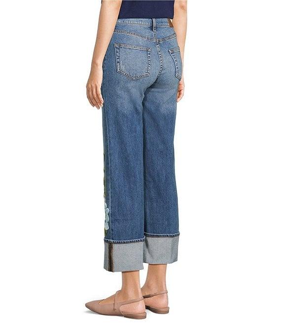 JOHNNY WAS Stretch Denim Floral Embroidered Wide Leg Cuffed Ankle Jeans Product Image