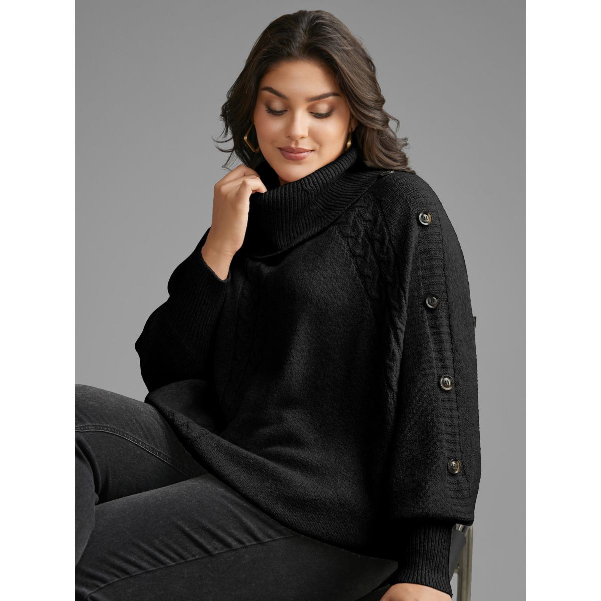 Plus Size Turtleneck Cable Knit Asymmetrical Hem Pullover Black Women Casual Loose Long Sleeve Ruffled collar Everyday Pullovers BloomChic 26/4X Product Image