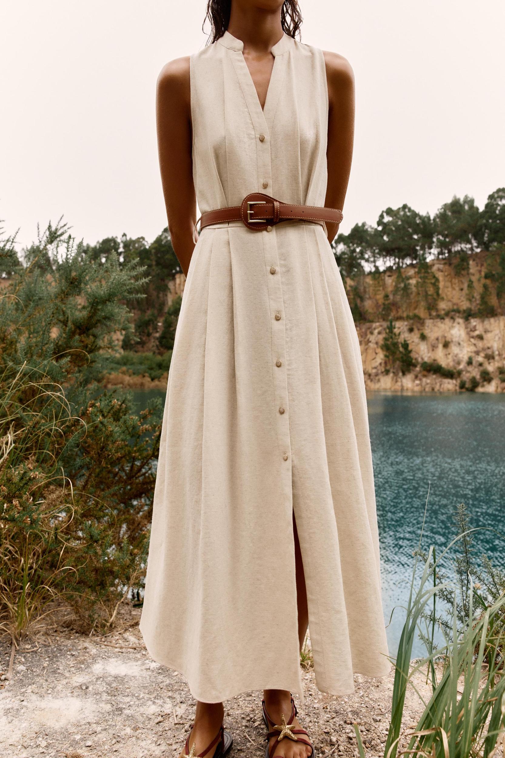 BELTED LINEN MIDI DRESS Product Image