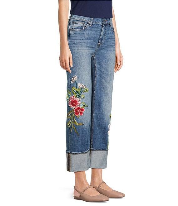JOHNNY WAS Stretch Denim Floral Embroidered Wide Leg Cuffed Ankle Jeans Product Image