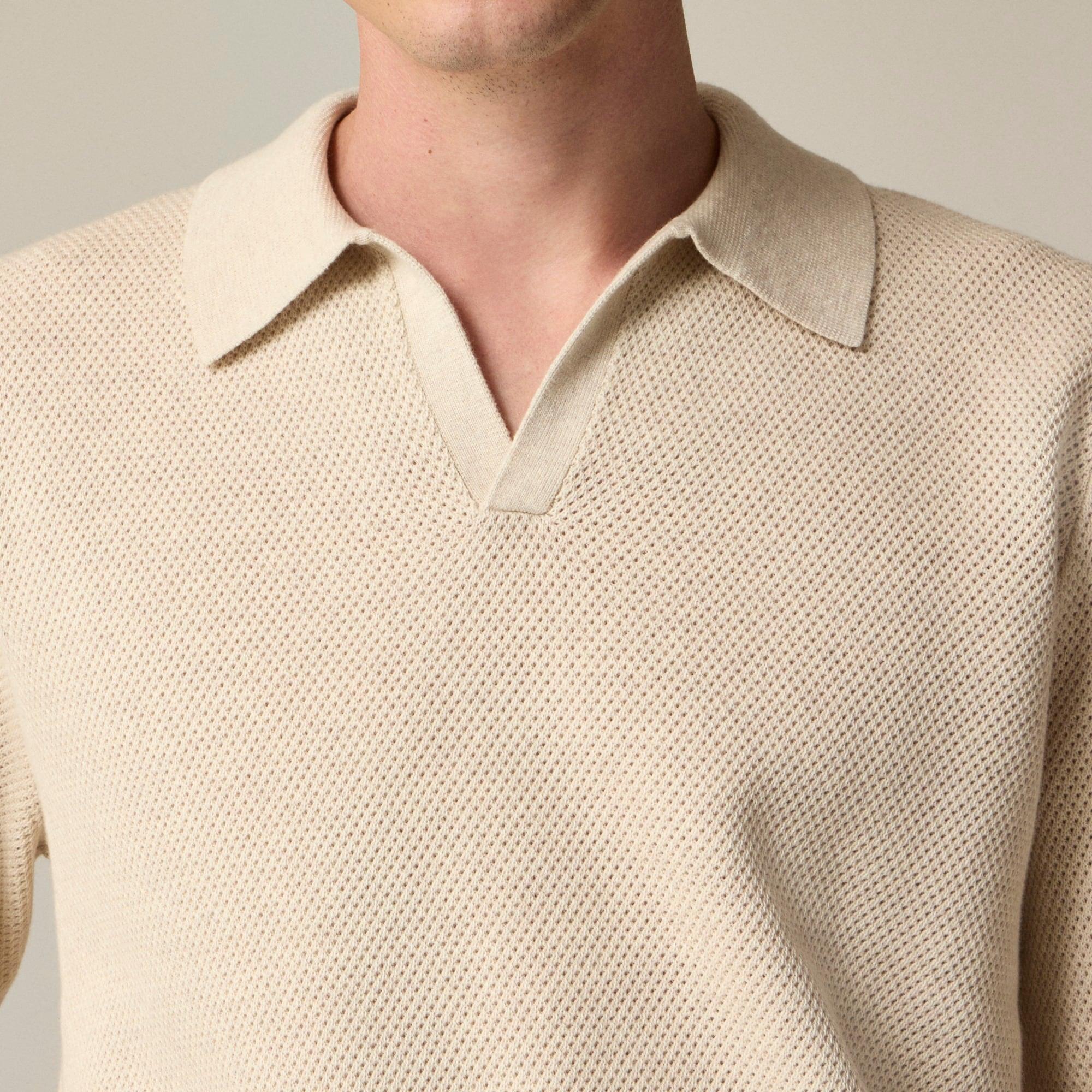 Long-sleeve cotton mesh-stitch johnny-collar sweater-polo Product Image