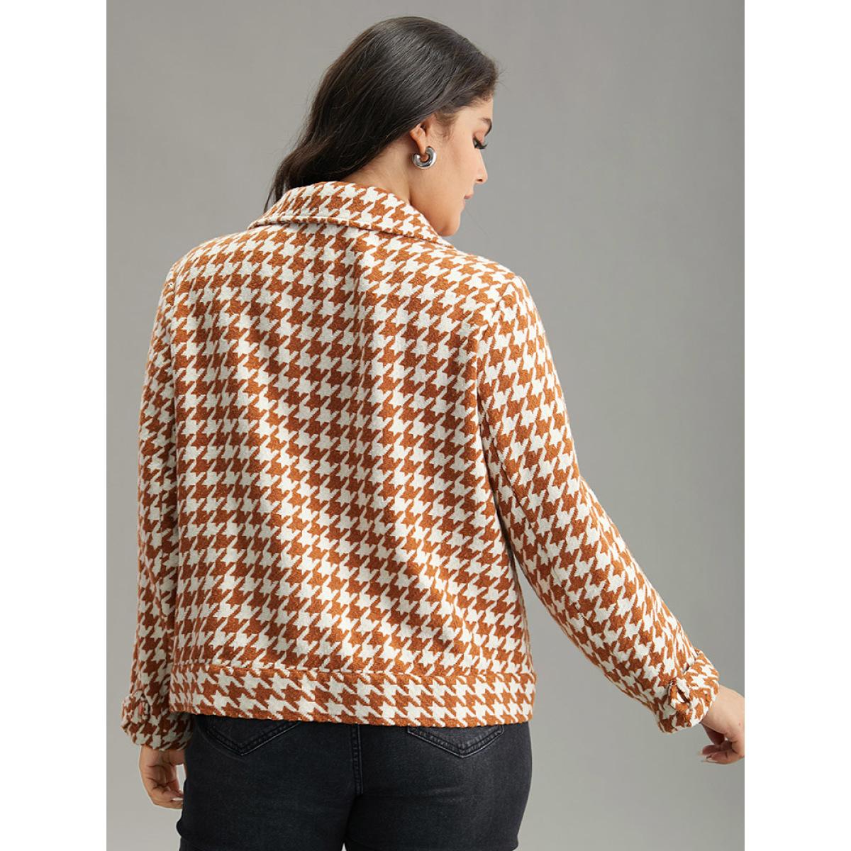 Plus Size Houndstooth Lapel Collar Flap Detail Coat Women Chocolate Casual Contrast Ladies Dailywear Winter Coats BloomChic 26/4X Product Image