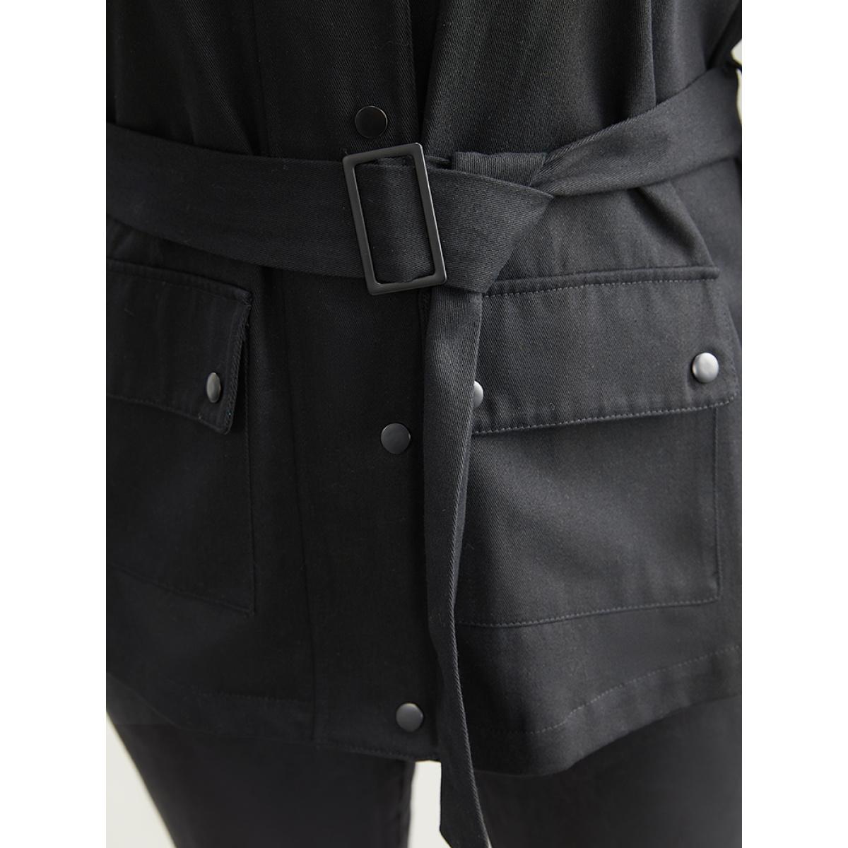 Plus Size Cotton Solid Belted Flap Pocket Coat Women Black Casual Plain Ladies Dailywear Winter Coats BloomChic 14-16/1X Product Image