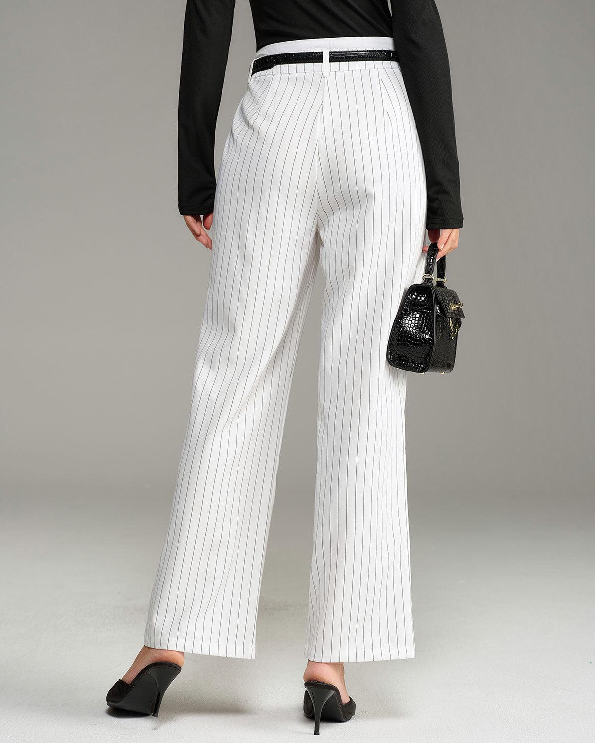 White Striped Straight Casual Pants Product Image
