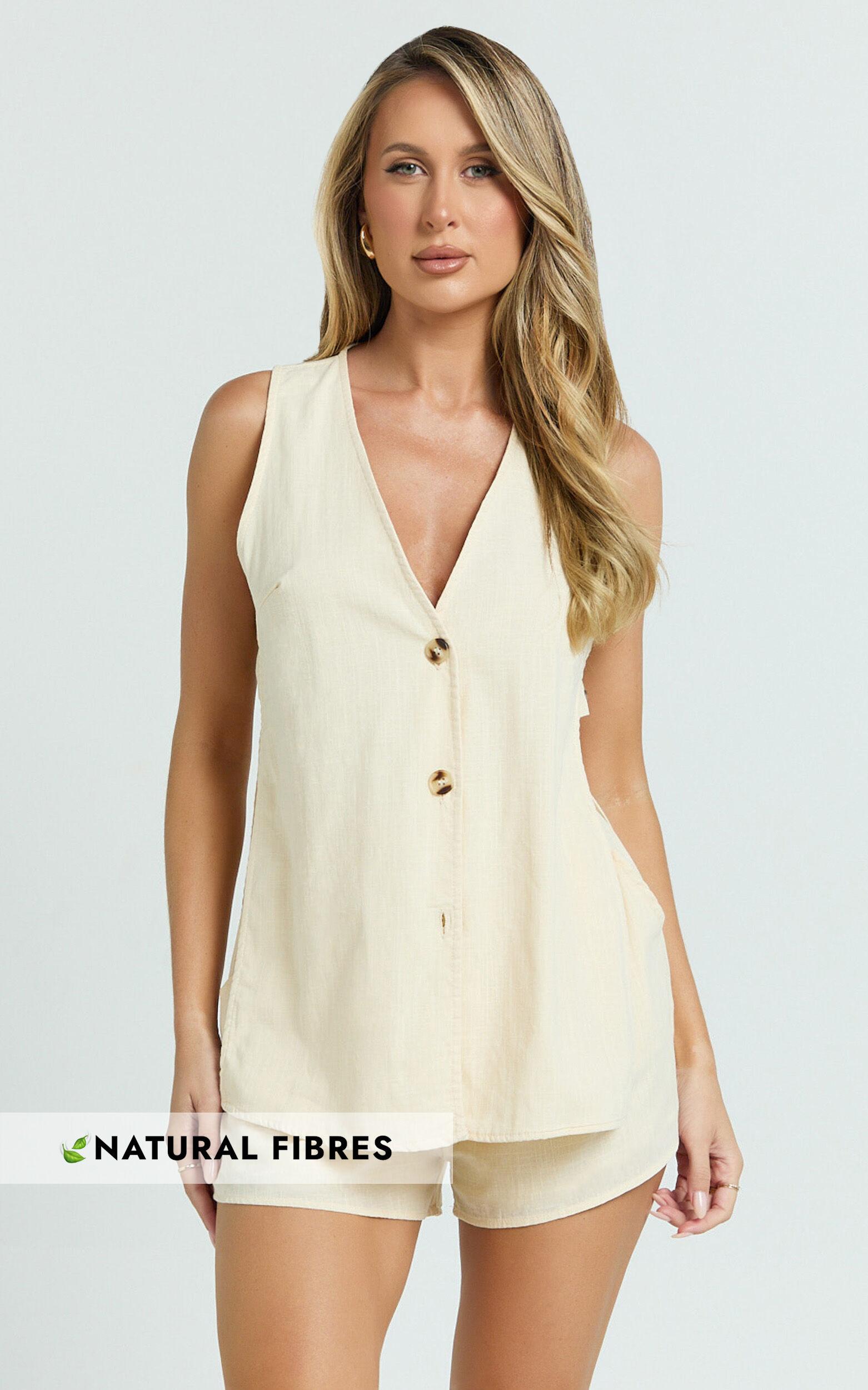 Devon Two Piece Set - Open Side Detail Top & Short Linen Look Set in Butter Product Image
