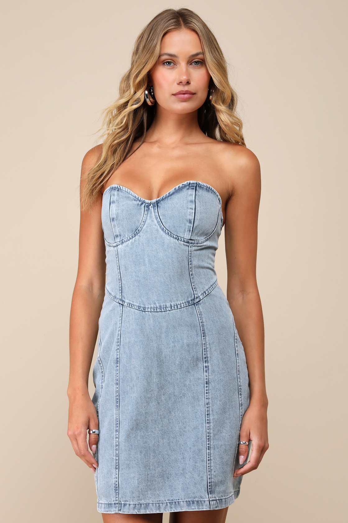 Trending Take Light Wash Denim Strapless Bustier Mini Dress Product Image