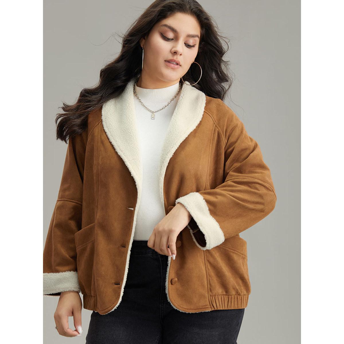 Plus Size Contrast Lapel Collar Patched Pocket Jacket Women Bronze Contrast Pocket Dailywear Jackets BloomChic 14-16/1X Product Image