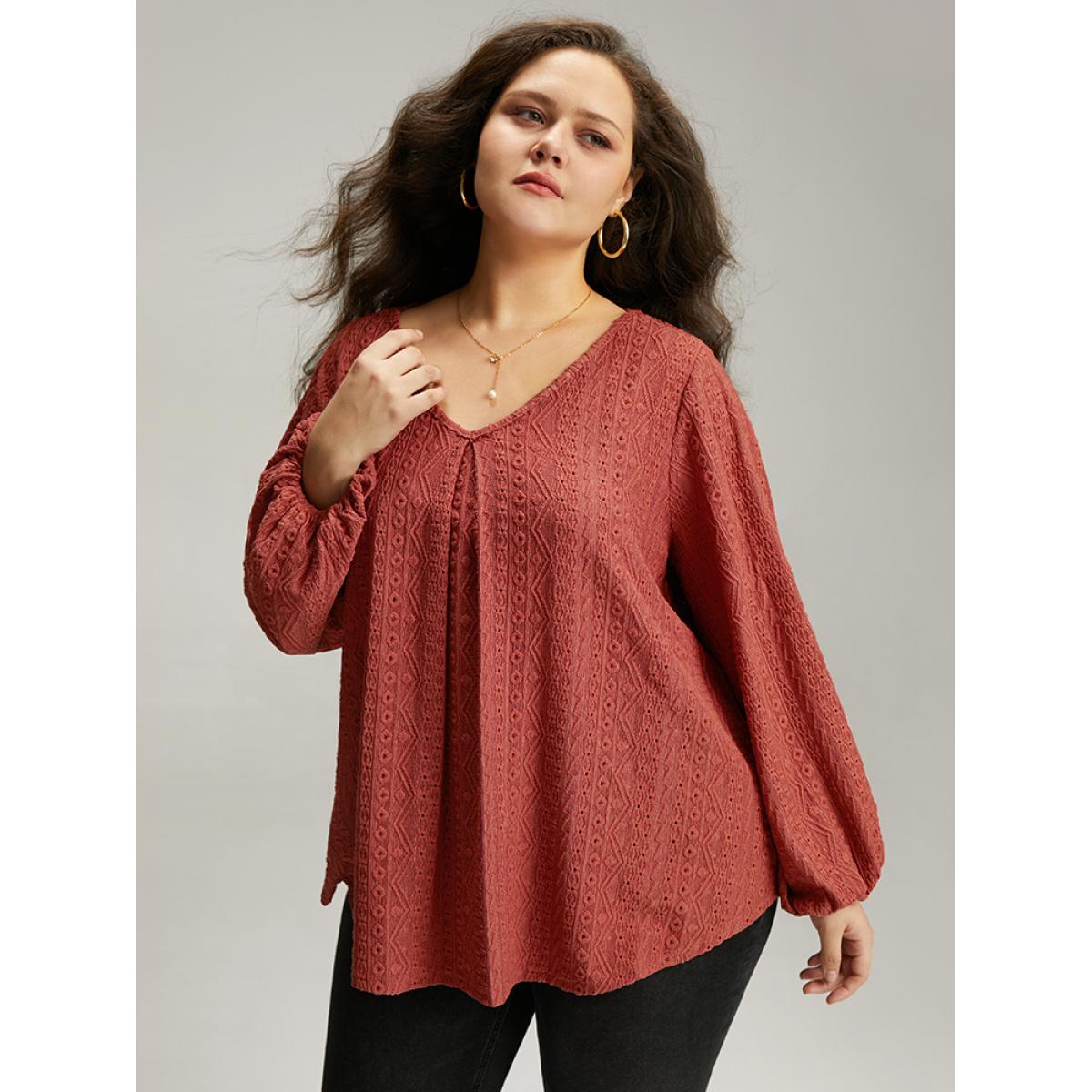 Plus Size Keyhole Plicated Detail Lantern Sleeve T-shirt Rust Women Elegant Elastic cuffs Plain V-neck Dailywear T-shirts BloomChic 18-20/2X Product Image